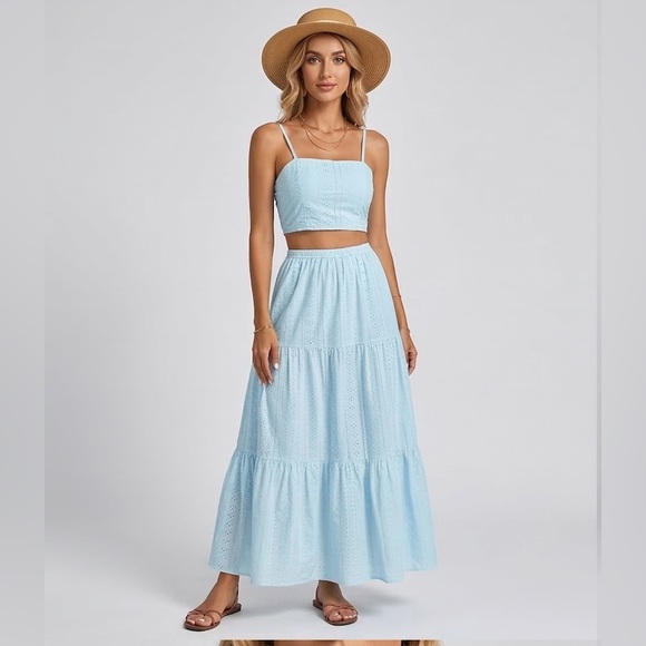 By Design Dresses & Skirts - Boho Eyelet Embroidered Two-Piece Maxi Set Blue